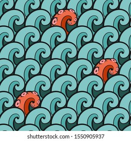 Ocean waves with octopus tentacles seamless pattern. Aquamarine background. Vector illustration for paper and textile design