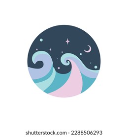 Ocean waves on the night sky and the moon background. Meditation and calm conceptual illustration