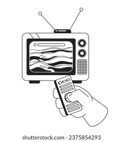Ocean waves on retro tv screen black and white 2D illustration concept. Changing channel isolated cartoon outline character hand. Surreal dreamy seascape television metaphor monochrome vector art