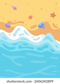 Ocean Waves on Seaside Sandy Beach with Shells.