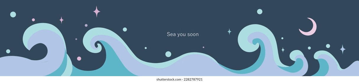 Ocean waves onthe night sky and the moon background. Meditation and calm conceptual banner