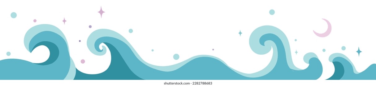 Ocean waves onthe night sky and the moon background. Meditation and calm conceptual banner