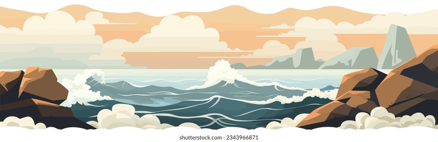 olas oceánicas sobre el vector de playa rocosa aislado