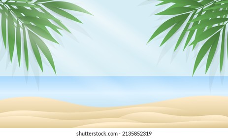 ฺBeach, ocean waves and palm trees with blue sky in summer vector , illustration Vector EPS 10