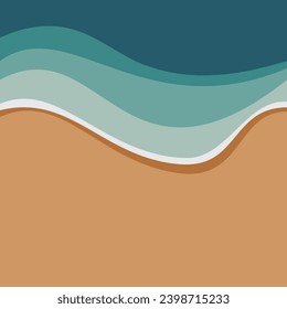 Ocean waves reaching the coastline. Beach, sand, sea shore with blue waves. Top view overhead seaside. Hand drawn Vector illustrations. Set of three isolated cards. Travel concept.