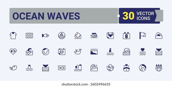 Ocean Waves related icon set. Containing nautical, swimming, water, vacation, beach, wave and more. Ocean related icon set. Outline symbol collection. Vector line and solid icons.