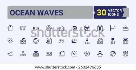 Ocean Waves related icon set. Containing nautical, swimming, water, vacation, beach, wave and more. Ocean related icon set. Outline symbol collection. Vector line and solid icons.