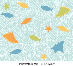 Ocean waves, sea animals, fishes, starfishes, paddle board fins seamless pattern. Vector exotic doodle wavy background.