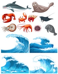 Ocean Waves And Sea Animals  Illustration