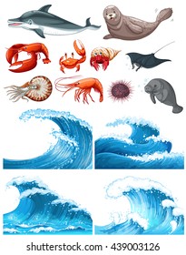 Ilustração de ondas oceânicas e animais marinhos