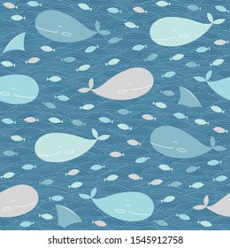 Ocean waves and sea animals seamless pattern. Vector marine fishes, mammals background.