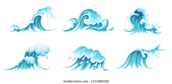 Ocean waves. Sea waves tide splash, splash water motion, with spray, marine surf wave, and sea storm elements, vector illustration.