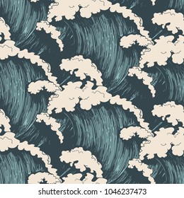 Ocean Waves Seamless Pattern. Sea Wave Blue Background, Wind Storm Surf Water Hand Drawn Vector Illustration