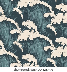 Ocean waves seamless pattern. Sea wave blue background, wind storm surf water hand drawn vector illustration