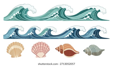 Ocean waves and seashells collection with transparent background