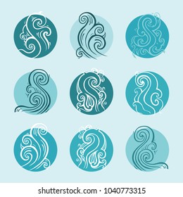 Ocean waves set isolated on white background, vector illustration