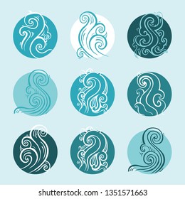 Ocean waves set, isolated on white background, vector illustration. Elegant Hand Drawn pattern