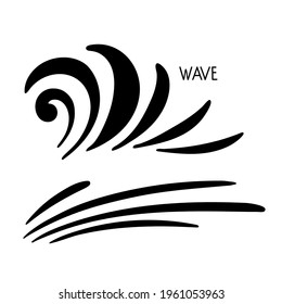 Ocean waves silhouette sketch. Surge, ripple, wavelet in nature. Surfing travel and vacation vector illustration. Ocean tidal or storm wave icon isolated on white background. Sublimation print, logo.