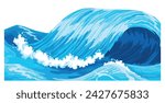 Ocean waves, splash water, marine sea storm element. Blue sea or ocean wave with spray, foam on crest. Vector illustration