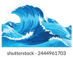 Ocean waves, splash water, marine sea storm element. Blue sea or ocean wave with spray, foam on crest. Vector illustration