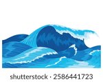 Ocean waves, splash water, marine sea storm element. Blue sea or ocean wave with spray, foam on crest. Vector illustration