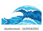 Ocean waves, splash water, marine sea storm element. Blue sea or ocean wave with spray, foam on crest. Vector illustration