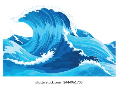 Ocean waves, splash water, marine sea storm element. Blue sea or ocean wave with spray, foam on crest. Vector illustration