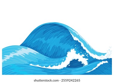 Ocean waves, splash water, marine sea storm element. Blue sea or ocean wave with spray, foam on crest. Vector illustration