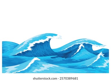 Ocean waves, splash water, marine sea storm element. Blue sea or ocean wave with spray, foam on crest. Vector illustration