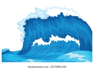 Ocean waves, splash water, marine sea storm element. Blue sea or ocean wave with spray, foam on crest. Vector illustration