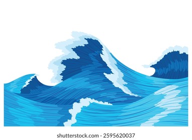 Ocean waves, splash water, marine sea storm element. Blue sea or ocean wave with spray, foam on crest. Vector illustration