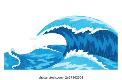 Ocean waves, splash water, marine sea storm element. Blue sea or ocean wave with spray, foam on crest. Vector illustration
