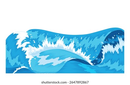 Olas del océano, salpicaduras de agua, elemento de tormenta marina. Ola azul del mar o del océano con el espray, espuma en la cresta. Ilustración vectorial