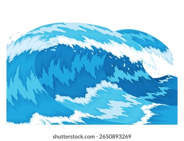 Ocean waves, splash water, marine sea storm element. Blue sea or ocean wave with spray, foam on crest. Vector illustration