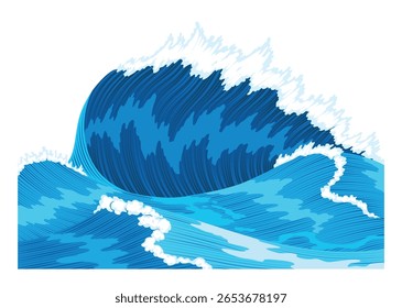 Ocean waves, splash water, marine sea storm element. Blue sea or ocean wave with spray, foam on crest. Vector illustration