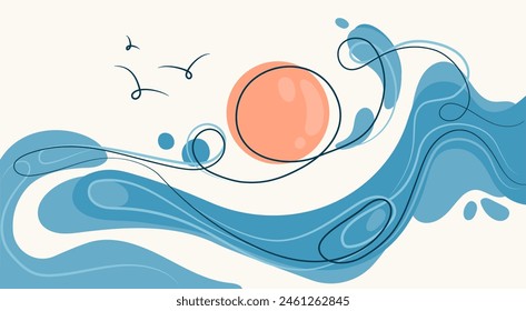 Ondas oceánicas y sol Abstractas ilustración minimalista. Fondo marino estético moderno.