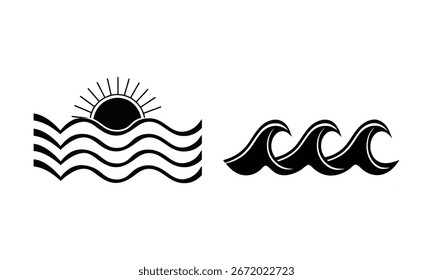 Ozeanwellen mit Sonne, Schwarz-Weiß-Illustration