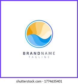 Ocean waves with sun in circle with flat color. Simple and modern logo design
