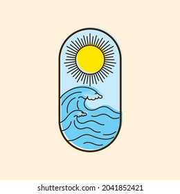Olas oceánicas y vector de línea de logotipo del icono solar
