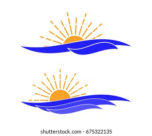 Ocean waves and sun icon. Template for logo of tour company, rest area, etc. Set of two isolated logo with sun icon and blue waves. Vector illustration.