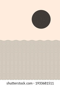 Ocean Waves and Sun. A nautical, Mid-century modern, geometric, woodblock style illustration in neutral colors. Printable Art for Instant Download.

