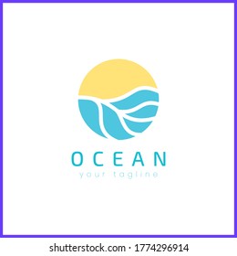 Ocean waves with sun. Simple and modern logo design. Abstract shape.