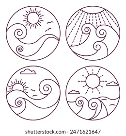 ocean waves and sunbeam line art badge set. vector minimalistic design
