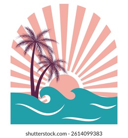 ocean waves, sunbirst and palm tree silhouettes
