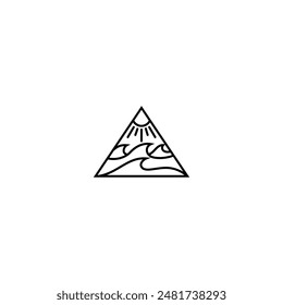 Ocean waves in sunlight in triangle frame with line art logo design style
