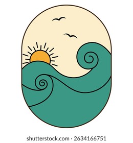 ocean waves and sunset, flying seagull. summer minimalistic emblem design