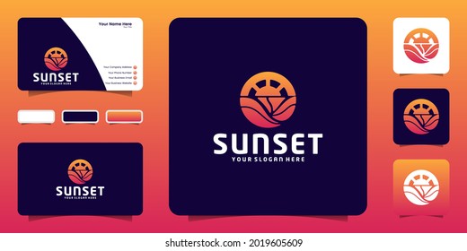 las olas del océano y la inspiración del logotipo de la puesta de sol con tarjeta de visita