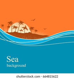 Ocean waves and tropical island.Vector horizon background for text