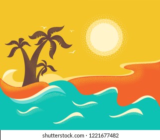 Ocean waves and tropical island.Vector nature poster background 