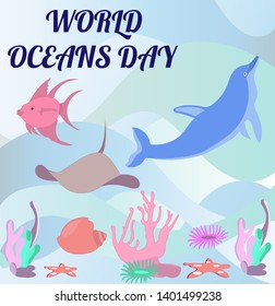 Ocean. Waves. A variety of marine animals, plants, fish and shellfish.